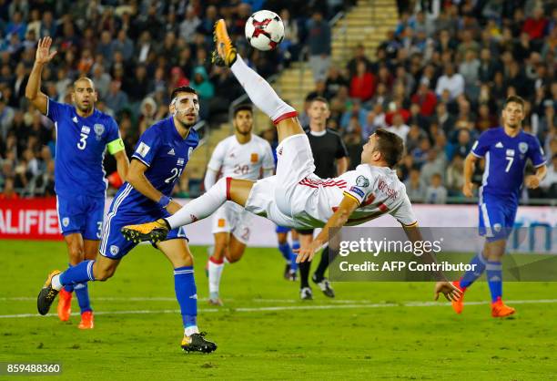 Spain's forward Iago Aspas controls the ball during the Russia 2018 FIFA World Cup European Group G qualifying football match between Israel and...