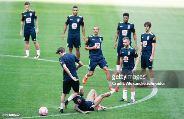 Players of Brazil in action during the Brazil training session for 2018 FIFA World Cup Russia Qualifier match against Chile at Allianz Parque Stadium...