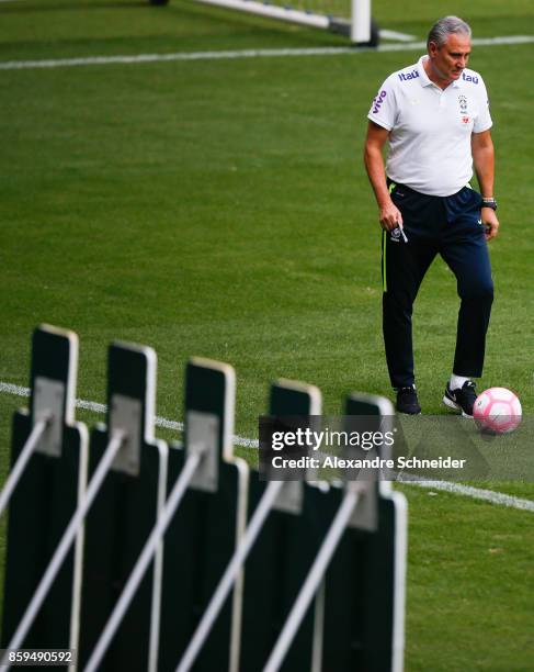 Tite, head coach of Brazil looks on during the Brazil training session for 2018 FIFA World Cup Russia Qualifier match against Chile at Allianz Parque...