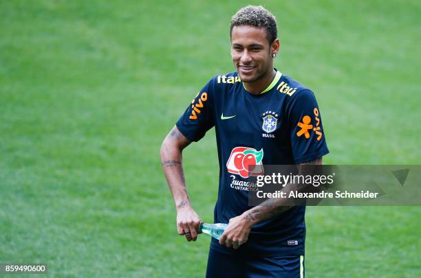 Neymar of Brazil looks on during the Brazil training session for 2018 FIFA World Cup Russia Qualifier match against Chile at Allianz Parque Stadium...