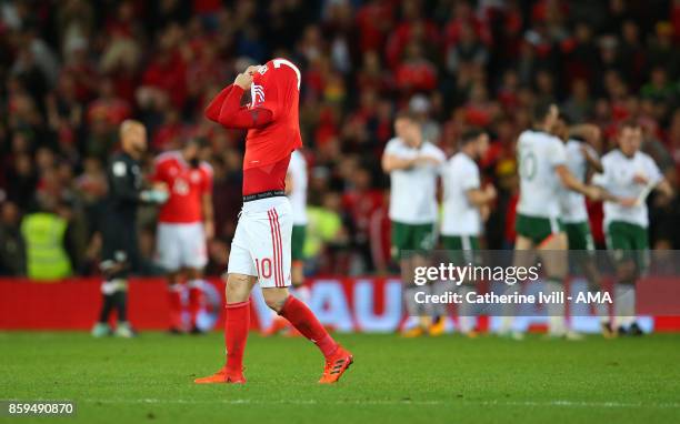 Aaron Ramsey of Wales walks off dejected after the FIFA 2018 World Cup Qualifier between Wales and Republic of Ireland at Cardiff City Stadium on...