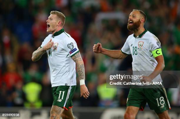 James McClean of Republic of Ireland and David Meyler of Republic of Ireland celebrate the win after the FIFA 2018 World Cup Qualifier between Wales...