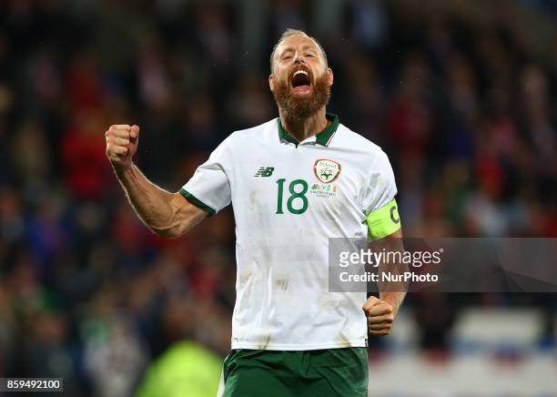 David Meyler of Republic of Ireland celebrates during World Cup Qualifying - European Group D match between Wales against Republic of Ireland at...