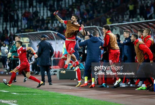 Aleksandar Mitrovic Dusan Tadic and Milos Veljkovic of Serbia celebrates the victory after FIFA 2018 World Cup Qualifier between Serbia and Georgia...
