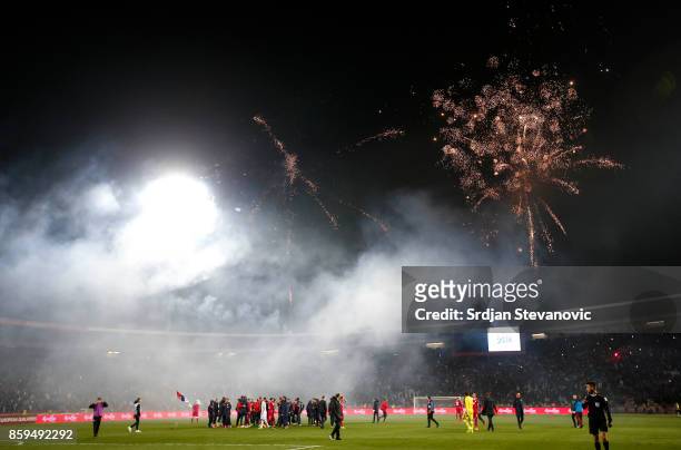 Fireworks over the stadium after FIFA 2018 World Cup Qualifier between Serbia and Georgia at stadium Rajko Mitic on October 9, 2017 in Belgrade.
