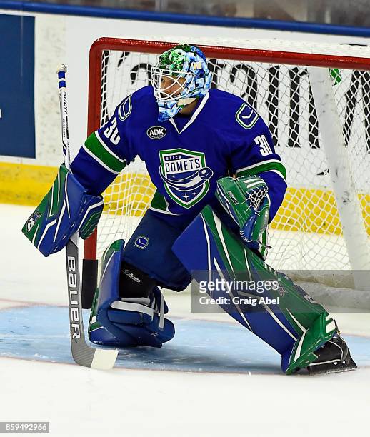 Thatcher Demko of the Utica Comets skates in warmup prior to a game against the Toronto Marlies on October 7, 2017 at Ricoh Coliseum in Toronto,...