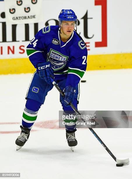 Reid Boucher of the Utica Comets skates in warmup prior to a game against the Toronto Marlies on October 7, 2017 at Ricoh Coliseum in Toronto,...