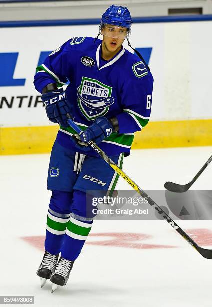 Ashton Sautner of the Utica Comets skates in warmup prior to a game against the Toronto Marlies on October 7, 2017 at Ricoh Coliseum in Toronto,...