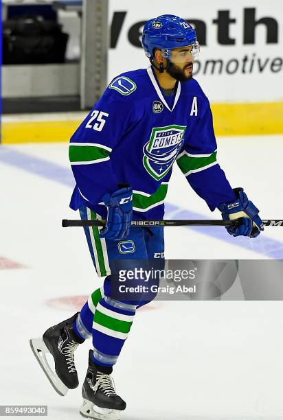 Darren Archibald of the Utica Comets skates in warmup prior to a game against the Toronto Marlies on October 7, 2017 at Ricoh Coliseum in Toronto,...