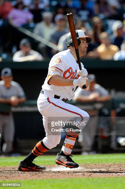 Seth Smith of the Baltimore Orioles bats against the New York Yankees at Oriole Park at Camden Yards on September 7, 2017 in Baltimore, Maryland.