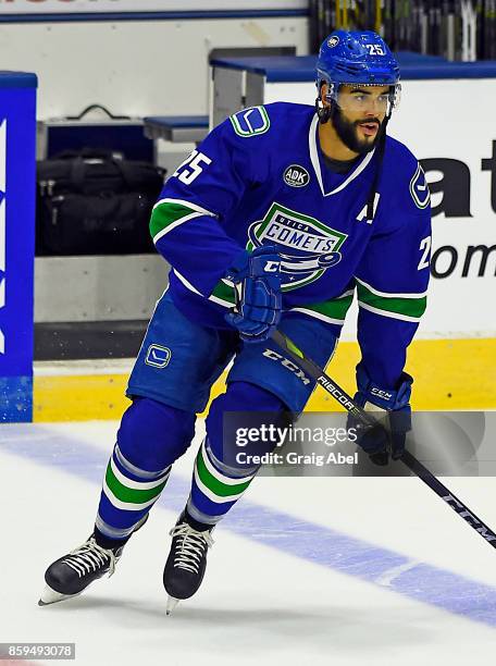 Darren Archibald of the Utica Comets skates in warmup prior to a game against the Toronto Marlies on October 7, 2017 at Ricoh Coliseum in Toronto,...