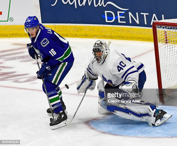 Josephy LaBate of the Utica Comets tips a shot on Kasimir Kaskisuo of the Toronto Marlies during AHL game action on October 7, 2017 at Ricoh Coliseum...