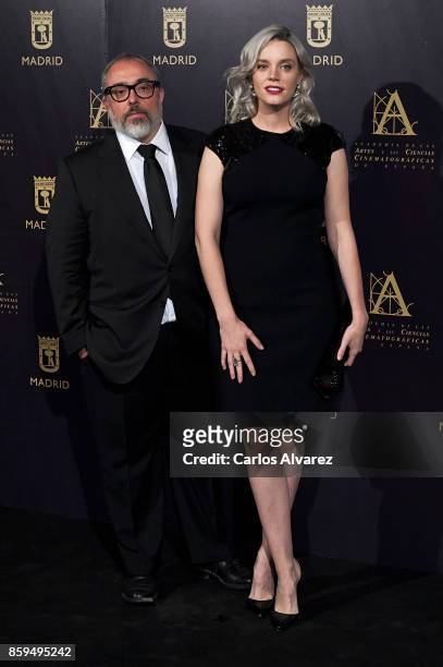Spanish director Alex de la Iglesia and actress Carolina Bang attend 'Hollywood - Madrid' cocktail at the Casino de Madrid on October 9, 2017 in...