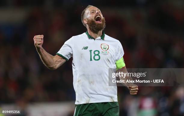 David Meyler of Republic of Ireland celebrates at the final whistle during the FIFA 2018 World Cup Qualifier between Wales and Republic of Ireland at...