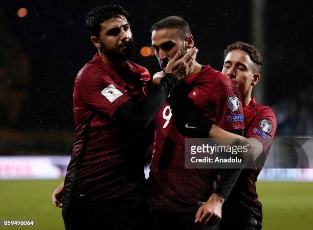 Cenk Tosun of Turkey celebrates with his teammates Emre Mor and Ozan Tufan after scoring during the 2018 FIFA World Cup European Qualification Group...