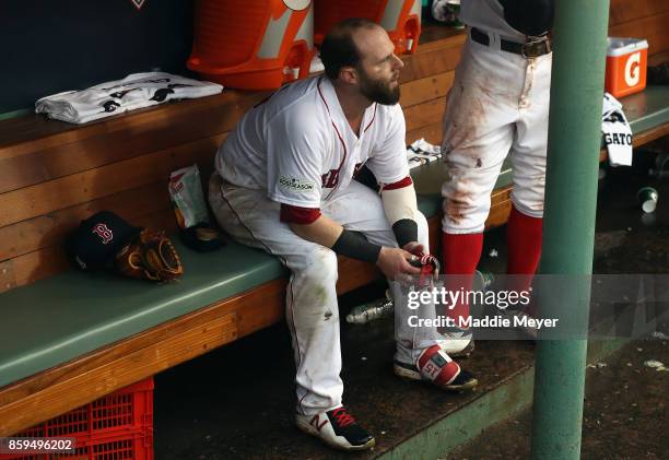 Dustin Pedroia of the Boston Red Sox reacts in the dugout after being defeated by the Houston Astros 5-4 in game four of the American League Division...