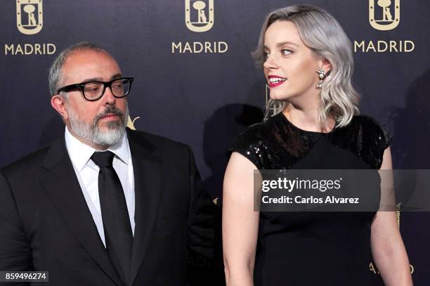 Spanish director Alex de la Iglesia and actress Carolina Bang attend 'Hollywood - Madrid' cocktail at the Casino de Madrid on October 9, 2017 in...