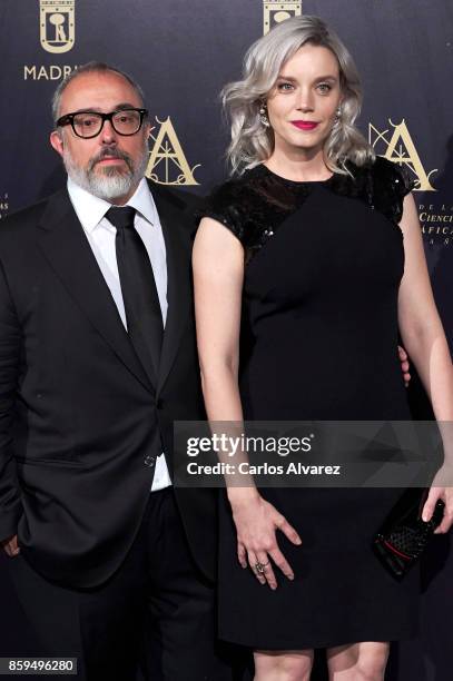 Spanish director Alex de la Iglesia and actress Carolina Bang attend 'Hollywood - Madrid' cocktail at the Casino de Madrid on October 9, 2017 in...