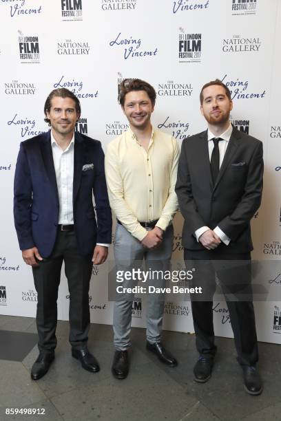 Actors Josh Burdett, Joe Stuckey and Robin Hodges attend the UK Premiere of "Loving Vincent" during the 61st BFI London Film Festival on October 9,...