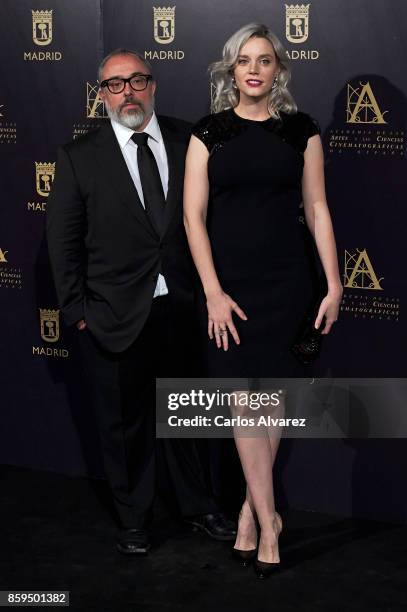 Spanish director Alex de la Iglesia and actress Carolina Bang attend 'Hollywood - Madrid' cocktail at the Casino de Madrid on October 9, 2017 in...