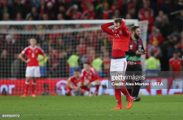 Aaron Ramsey of Wales looks dejected after the FIFA 2018 World Cup Qualifier between Wales and Republic of Ireland at Cardiff City Stadium on October...
