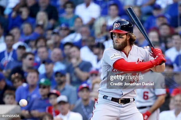 Bryce Harper of the Washington Nationals bats in the sixth inning against the Chicago Cubs during game three of the National League Division Series...