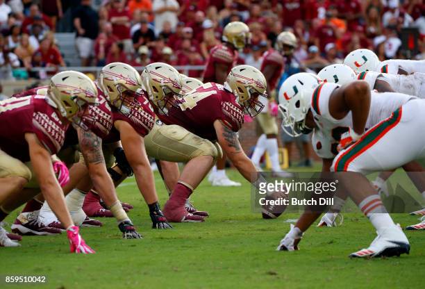 Florida State Seminoles line up against the Miami Hurricanes during the second half of an NCAA football game at Doak S. Campbell Stadium on October...