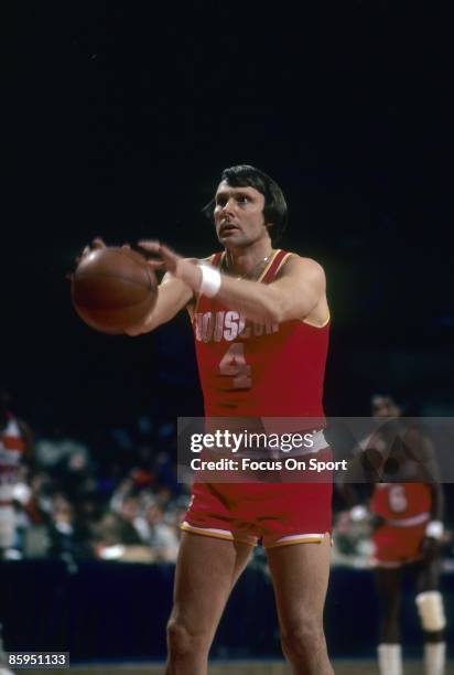 Rick Barry of the Houston Rockets shoots a free throw against the Washington Bullets during a circa 1978 NBA basketball game at the Capital Center in...