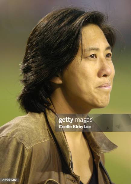 Los Angeles Dodgers vice president and assistant general manager Kim Ng watches batting practice before game against the Angels at Angel Stadium in...