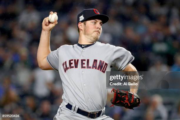 Trevor Bauer of the Cleveland Indians throws a pitch against the New York Yankees during the first inning in Game Four of the American League...