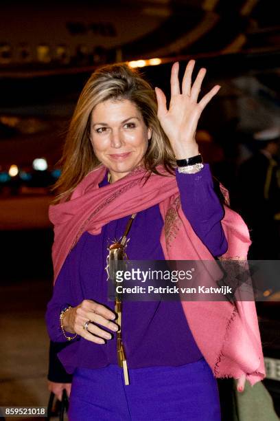 Queen Maxima of The Netherlands arrives at the military airport Figo Maduro on October 09, 2017 in Lisboa CDP, Portugal.