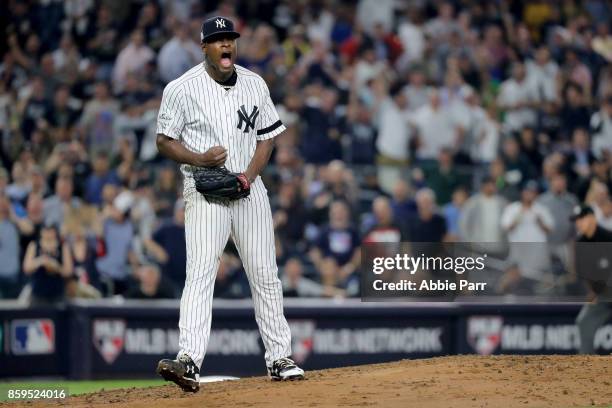 Luis Severino of the New York Yankees reacts after closing out the top of the second inning against the Cleveland Indians in Game Four of the...