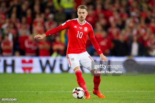 Aaron Ramsey of Wales controls the ball during the FIFA World Cup 2018 Qualifying Round Group D match between Wales and Republic of Ireland at...