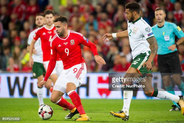 Hal Robson-Kanu of wales and Cyrus Christie of Ireland during the FIFA World Cup 2018 Qualifying Round Group D match between Wales and Republic of...