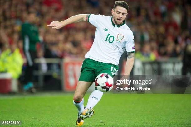 Robbie Brady of Ireland controls the ball during the FIFA World Cup 2018 Qualifying Round Group D match between Wales and Republic of Ireland at...