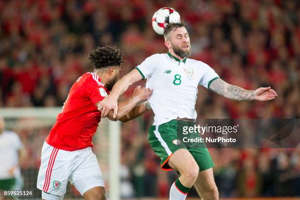 Daryl Murphy of Ireland heads the ball during the FIFA World Cup 2018 Qualifying Round Group D match between Wales and Republic of Ireland at Cardiff...