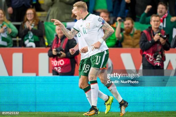 James McClean of Ireland celebrates his scoring during the FIFA World Cup 2018 Qualifying Round Group D match between Wales and Republic of Ireland...