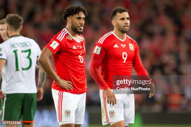 Hal Robson-Kanu and Ashley Williams of Wales during the FIFA World Cup 2018 Qualifying Round Group D match between Wales and Republic of Ireland at...