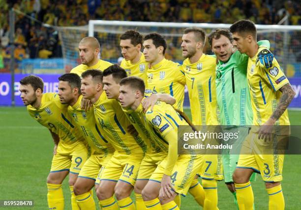 Ukrainian players pose for a photo ahead of the FIFA World Cup 2018 qualifying soccer match between Croatia and Ukraine at the Olympic stadium in...