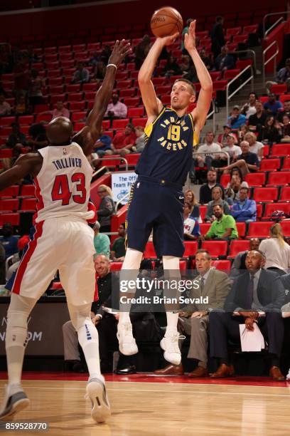 Jarrod Uthoff of the Indiana Pacers shoots the ball against the Detroit Pistons on October 9, 2017 at Little Caesars Arena in Detroit, Michigan. NOTE...