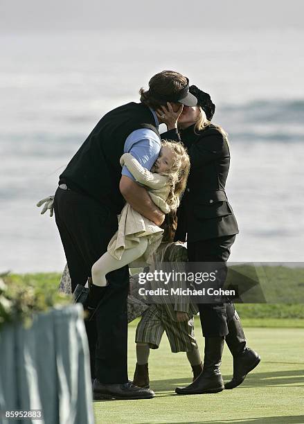 Phil Mickelson is greeted by his family after winning the 2007 AT&T Pebble Beach National Pro-Am on the Pebble Beach Golf Links in Pebble Beach,...
