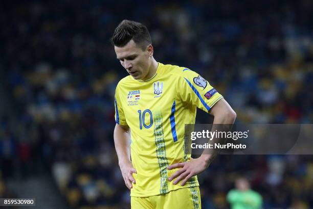 Ukraine's Yevhen Konoplyanka reacts during the World Cup Group I qualifying soccer match between Ukraine and Croatia at the Olympic Stadium in Kiev....