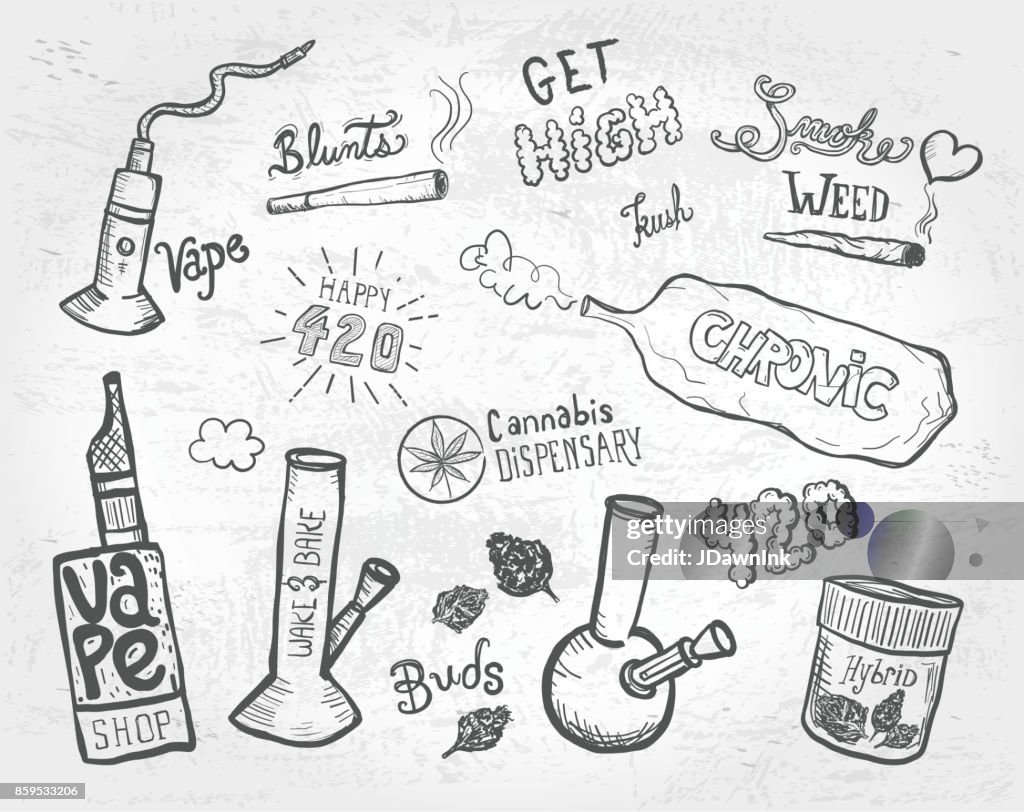 Cannabis weed culture marijuana dispensary hand drawn labels designs sets