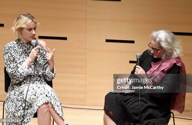 Greta Gerwig and Thelma Adams attend the 55th New York Film Festival - NYFF Live - Greta Gerwig, "Lady Bird" at Elinor Bunin Munroe Film Center on...