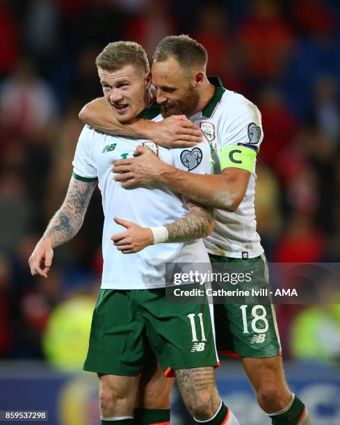 James McClean of Republic of Ireland celebrates with David Meyler of Republic of Ireland after the FIFA 2018 World Cup Qualifier between Wales and...