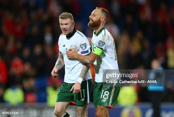 James McClean of Republic of Ireland celebrates with David Meyler of Republic of Ireland after the FIFA 2018 World Cup Qualifier between Wales and...