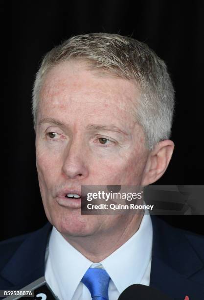 Craig Tiley the Australian Open Tournament Director speaks to the media during the 2018 Australian Open Launch at Tennis HQ on October 10, 2017 in...