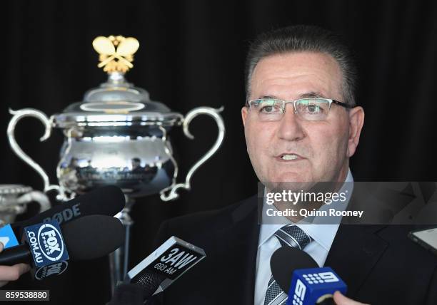 The Minister for Sport and Major Events John Eren speaks to the media during the 2018 Australian Open Launch at Tennis HQ on October 10, 2017 in...