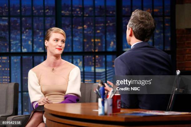 Episode 591 -- Pictured: Actress Mackenzie Davis during an interview with host Seth Meyers on October 9, 2017 --