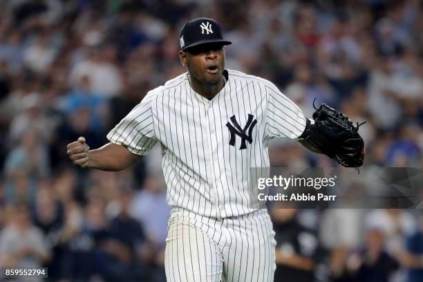 Luis Severino of the New York Yankees celebrates after closing out the top of the seventh inning against the Cleveland Indians in Game Four of the...
